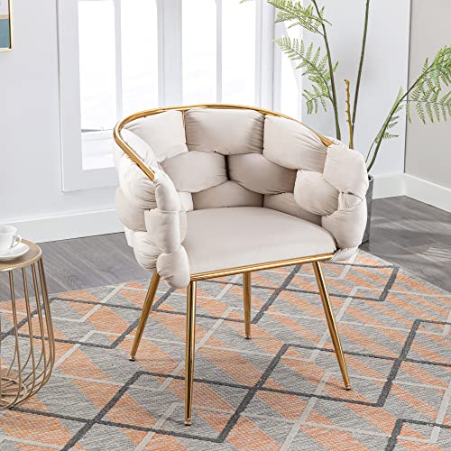 Henf Tufted Woven Dining Chairs Upholstered Dining Chair w/Gold Metal Legs, Modern Accent Chair for Living Room, Velvet Side Chair for Dining Room Kitchen, Cute Club Makeup Chair (Green, Set of 1)