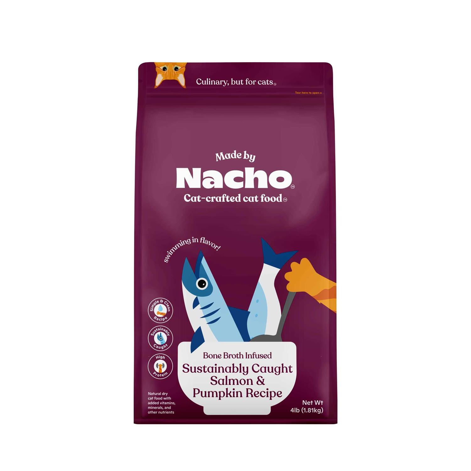 Made by Nacho Bone Broth Infused Sustainably Caught Salmon & Pumpkin Recipe Dry Cat Food - Pet Supplies online store