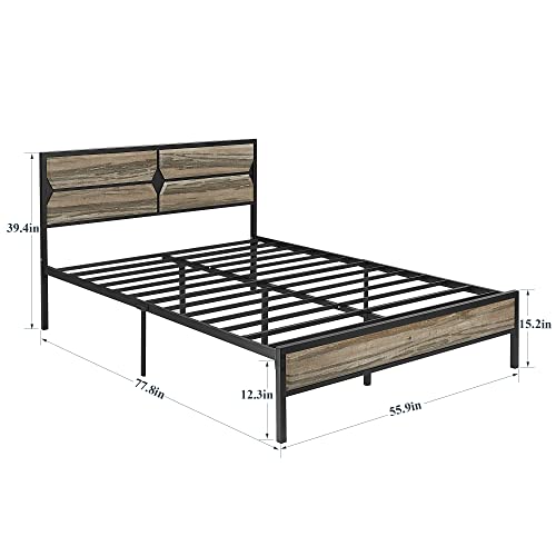 VECELO Queen Bed Frame Metal Platform with Wooden Headboard & Footboard Mattress Foundation Strong Metal Slats Support No Box Spring Replacement/Easy Assemble