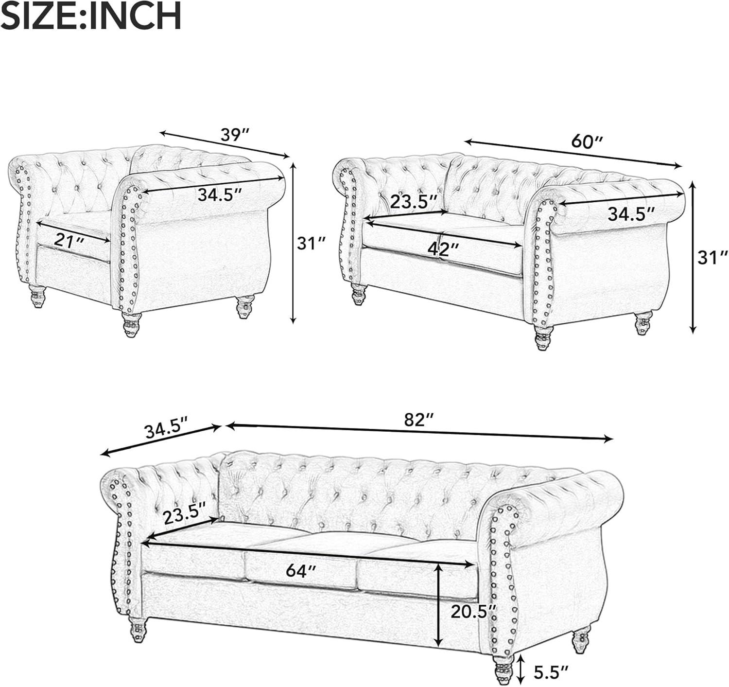 Furniture Comfy Couch Modern Plush Upholstered Sofa - Buttoned Tufted Backrest, Solid Wood Legs - Beige, 60