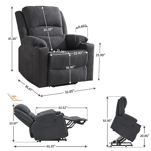 Lay Flat Triple Motor Power Lift Recliner Chair with Adjustable Headrest for Elderly People, Electric Recliner with Infinite Positions, Heat and Massage Chair Recliner, USB & Type C Dark Grey