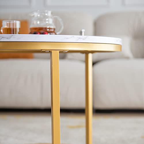 CIATRE Coffee Table Nesting White Set of 2 Side Set Golden Frame Circular and Marble Pattern Wooden Tables, Living Room Bedroom Apartment Modern Industrial Simple Small Coffee Table (Gold)