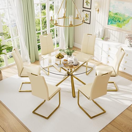 Round Glass Dining Table Set for 6, 7 Pieces Dining Table Set for 6, Dining Room Table Set for 6 with Chairs,Tempered Glass Table Top & 6 High Back Faux Leather Chairs,White & Gold