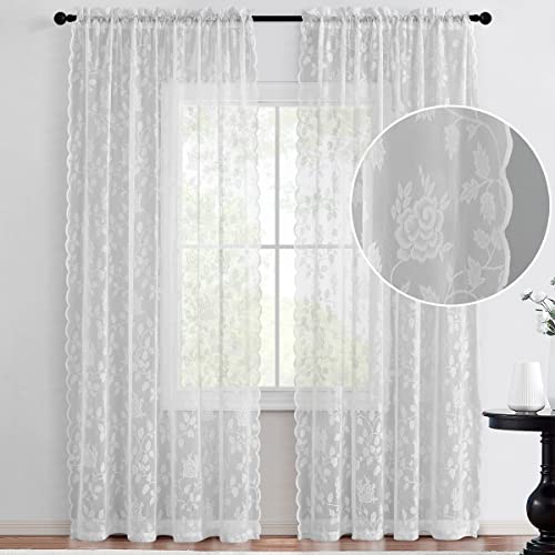Grey Lace Curtains 84 Inches Long 2 Panels Set, Rustic Vine Floral Embroidery Gray Sheer Lace Curtains for Living Room, Rod Pocket Privacy Scalloped Lace Window Panels, 52 x 84 Inch, Grey