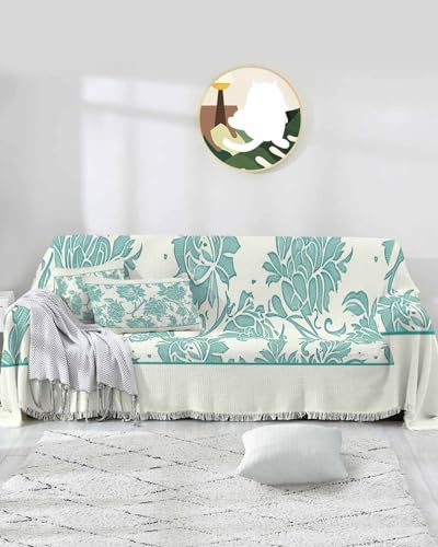 Couch Cover Sofa Towel for 2 Cushion Couch, Blue Floral Washable Furniture Protector with Tassel, Farmhouse Native Flowers Vintage Non Slip Sofa Slipcover for Couch Protector, L, 71