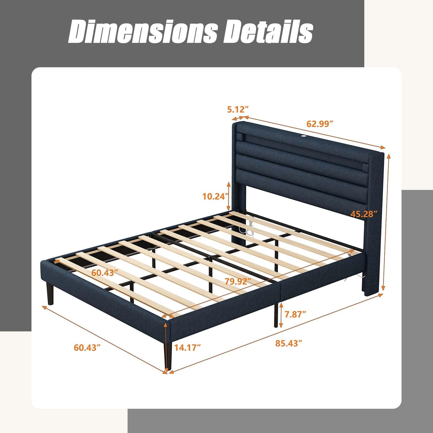 Queen Size Metal Platform Bed Frame with Linen Headboard and LED Bedside Induction Light, Industrial Metal Platform Bed with Charging Station and USB Port, No Spring Box Needed, Noise-Free