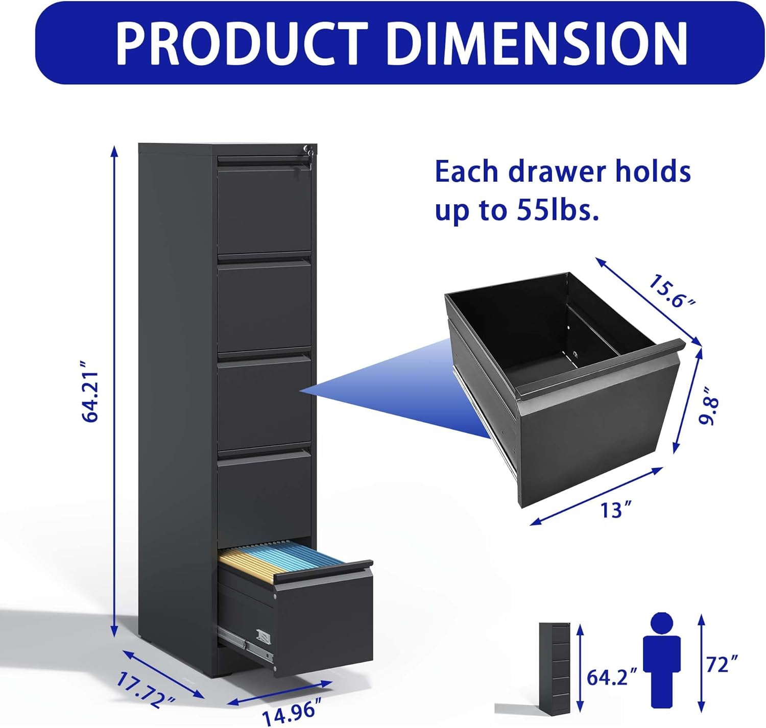 5 Drawer Metal Vertical File Cabinet with Lock Office Home Steel Vertical File Cabinet for A4 Legal/Letter Size (Black)