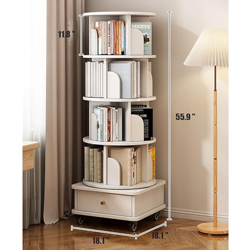 Rotating Bookshelf Tower,360 Rotating Bookshelf,with Wheels and Drawers,Wooden Narrow for Bedroom,Living Room, Office,Study Room