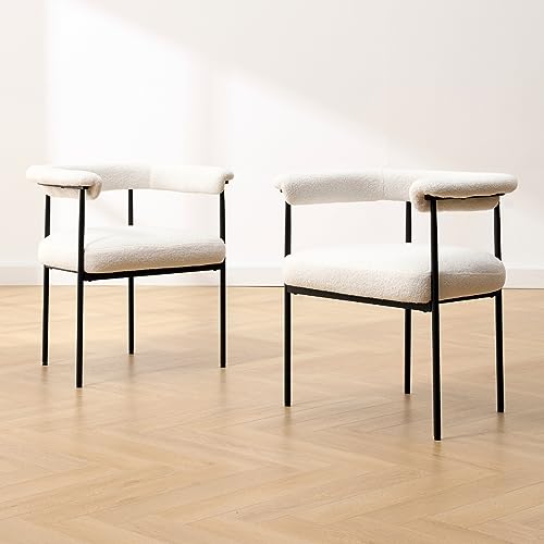 HEAH-YO Modern Dining Chairs Set of 2, Sherpa Upholstered Kitchen Chairs with Back Barrel Side Chairs with Metal Legs Boucle Accent Arm Chairs for Dining Room Living Room, White