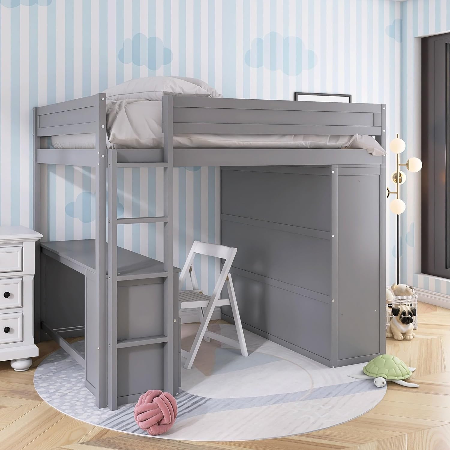 Wood Full Size Loft Bed with and 2-Drawer Desk Cabinet Grey Modern Contemporary Unisex MDF Hidden Storage