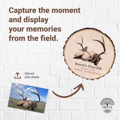 Customized Laser - Engraved Hunting or Fishing Memories on Live Edge Wood Round, Custom Picture Frame, Personalized Photo Frame, Customizable Wooden Frame, Custom Made Plate