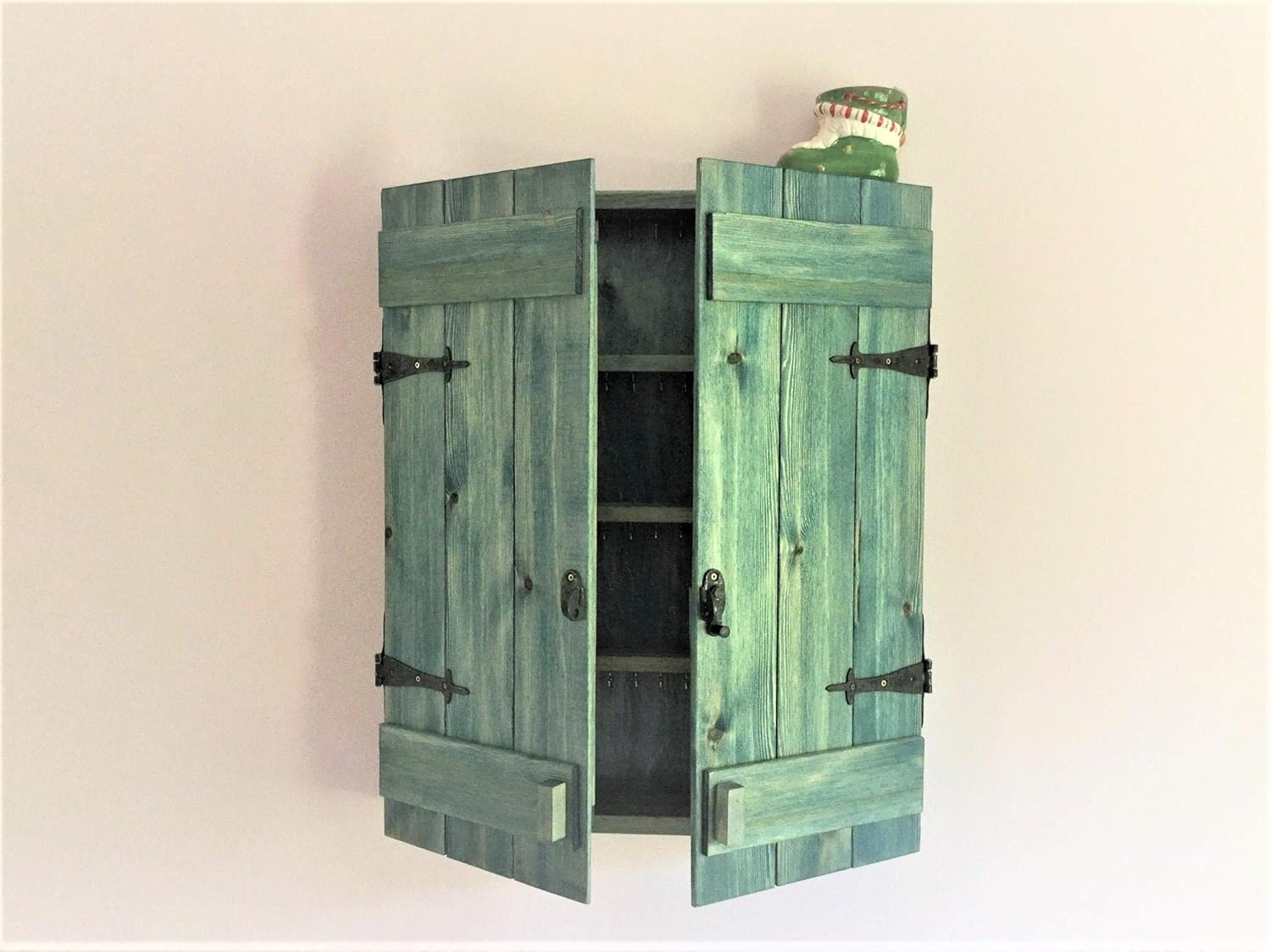 Medium Barn Door Jewelry Cabinet – Solid Wood - Custom Gift - Wall Mounted Earring Organizer/Storage/Armoire/Closet Necklaces, Bracelets, Earrings, Distressed Midnight Indigo Finish