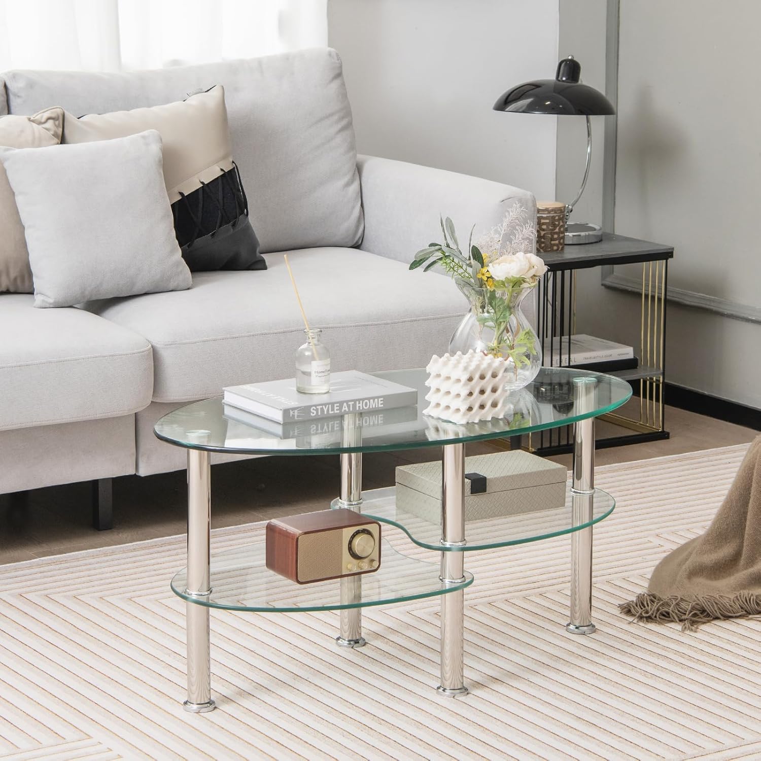 Glass Coffee Table, 3-Tier Oval Smooth Glass Tea Table, End Side Table w/Tempered Glass Boards & Sturdy Chrome Plated Legs, Transparent Center Table, Modern Furniture Decor for Home Office