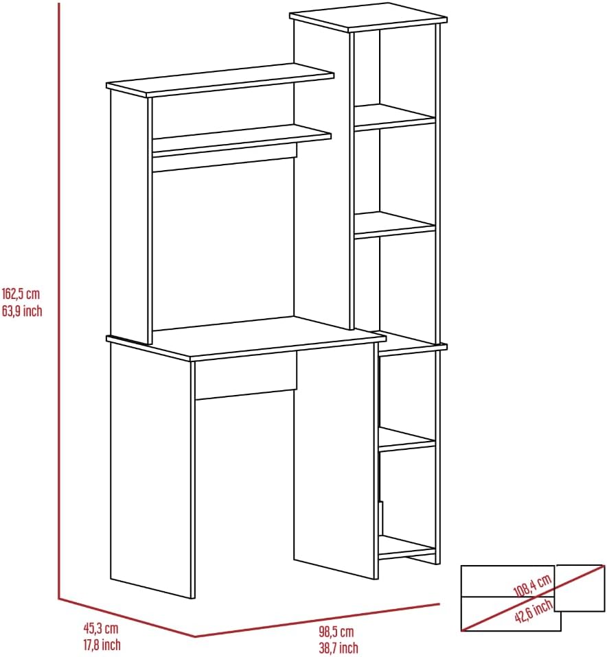Aramis Board Desk with Hutch and 5, Shelf Bookcase, Space, Saving Modern Design, 38.7