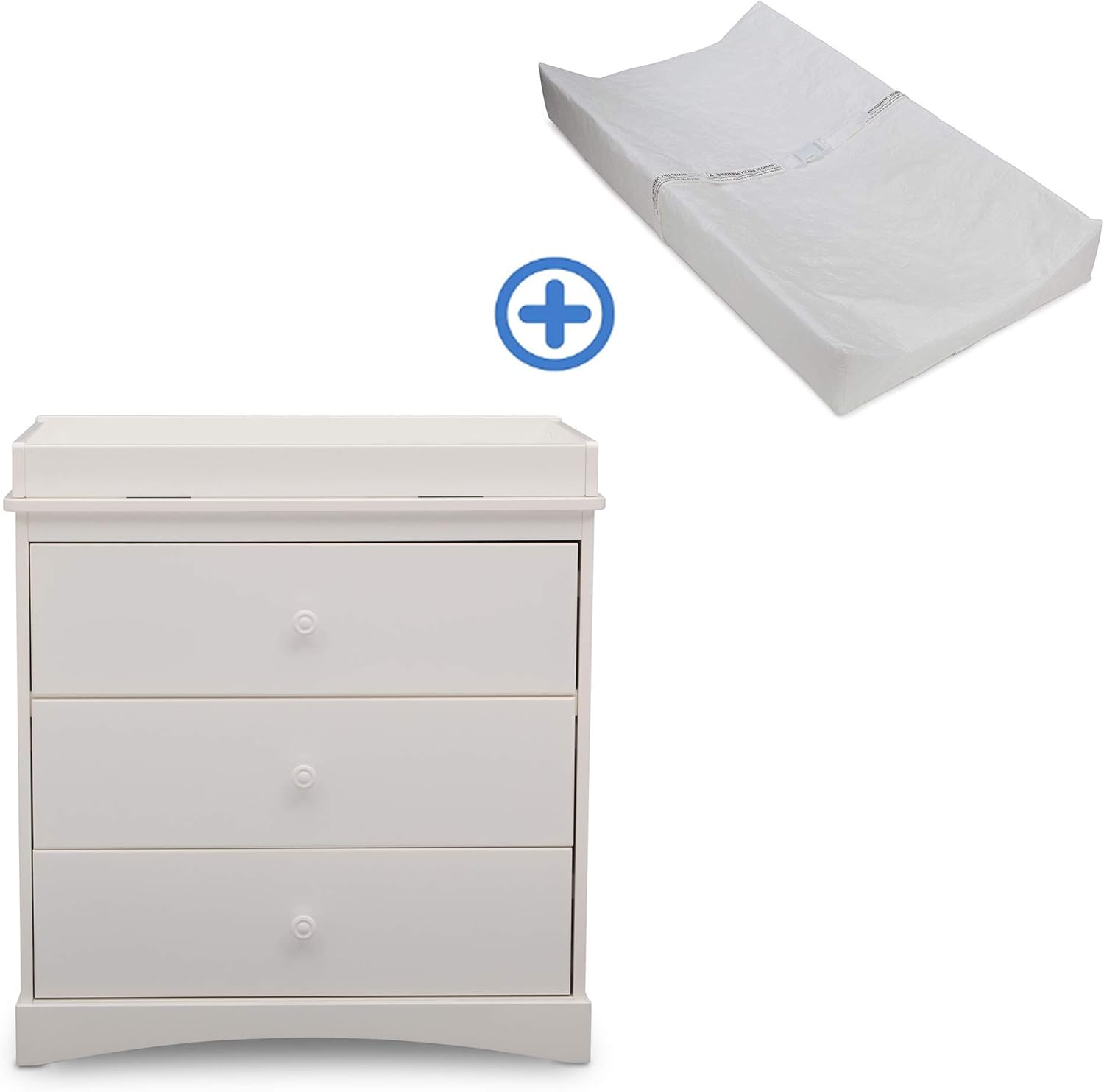 Delta Children Sutton 3 Drawer Dresser with Changing Top, White and Contoured Changing Pad, White