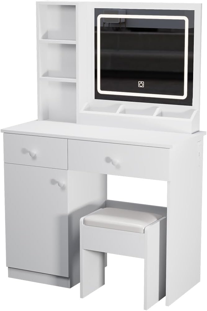 White Vanity Desk with Mirror, 3 Color Lighting Modes and Charging Station, Large Makeup Table Set with 2 Drawers, 1 Cabinet, Hidden and Open Shelves, Vanity Table with Cushioned Stool