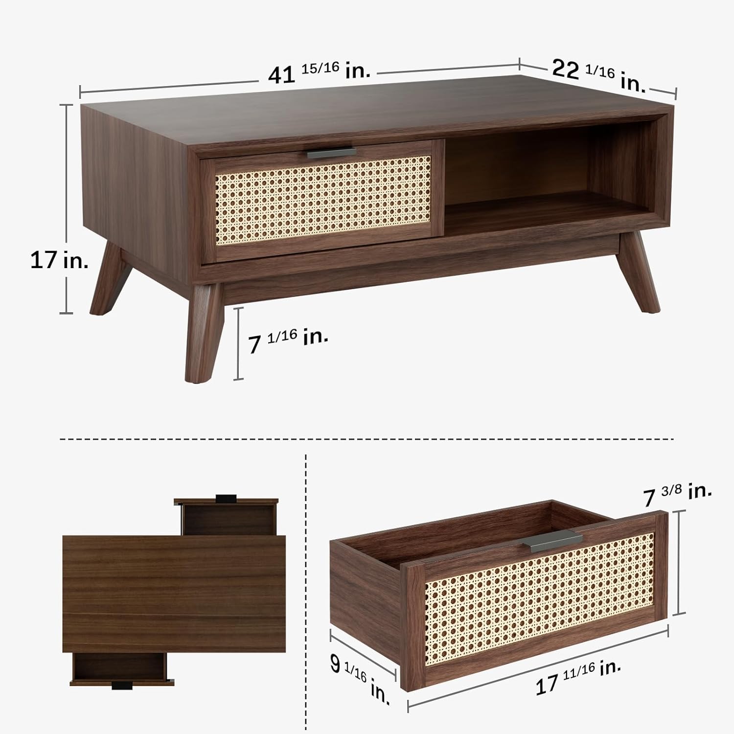 Bme Accent Rattan Design, Good Choice for Living Room, Medium Jasper Solid Wood Coffee Table with Storage, Walnut