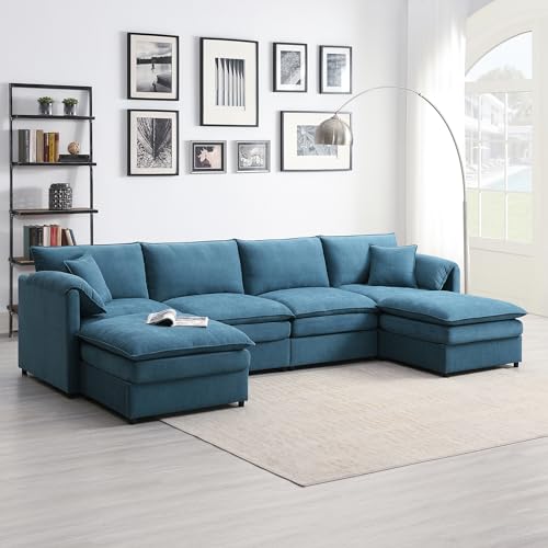 Merax Blue Modern U-Shaped Cloud Couch Set with Double Cushions, Chenille Modular 6-Seat Sectional Sofa Sleeper Bed with Ottomans, 13466