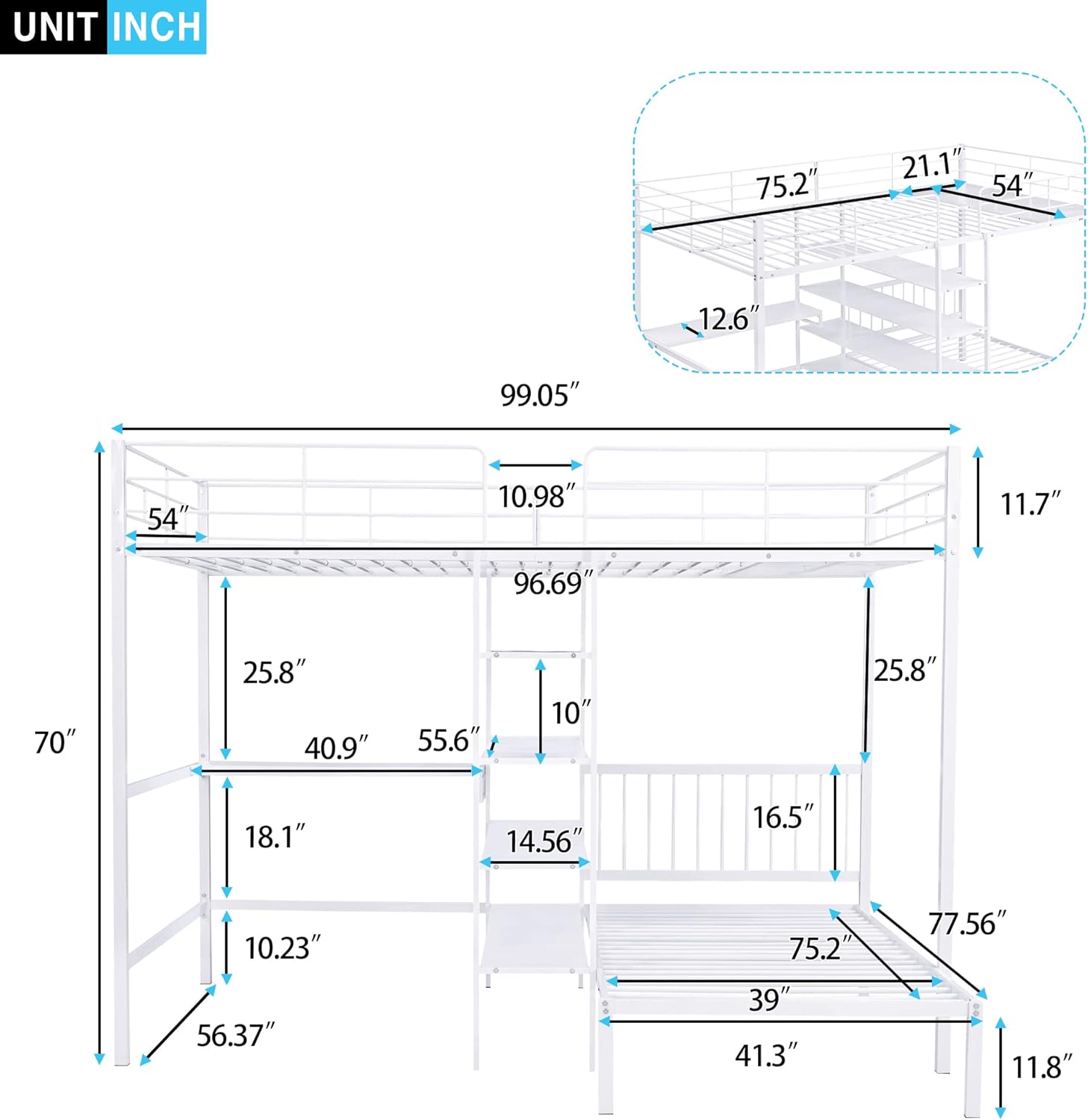Full Over Twin Metal Bunk Bed with Built-in Desk, Shelves and Ladder, White