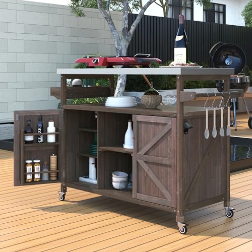 Outdoor Kitchen Island, Rolling Bar Cart & Storage Cabinet, Farmhouse Solid Wood Outdoor Grill Table with Stainless Steel Top, Spice Rack, Towel Rack for Kitchen & BBQ (Natural)