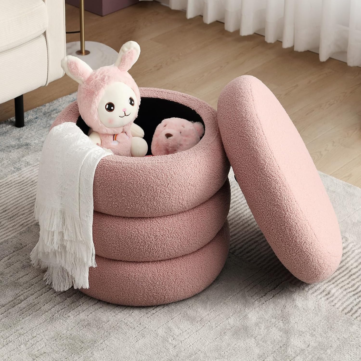 Modern Round Storage Ottoman Coffee Table Boucle Fabric, Small Sherpa Ottoman Footstool with Stripe Line, Pink Vanity Stool with Storage for Bedroom Living Room Dorm