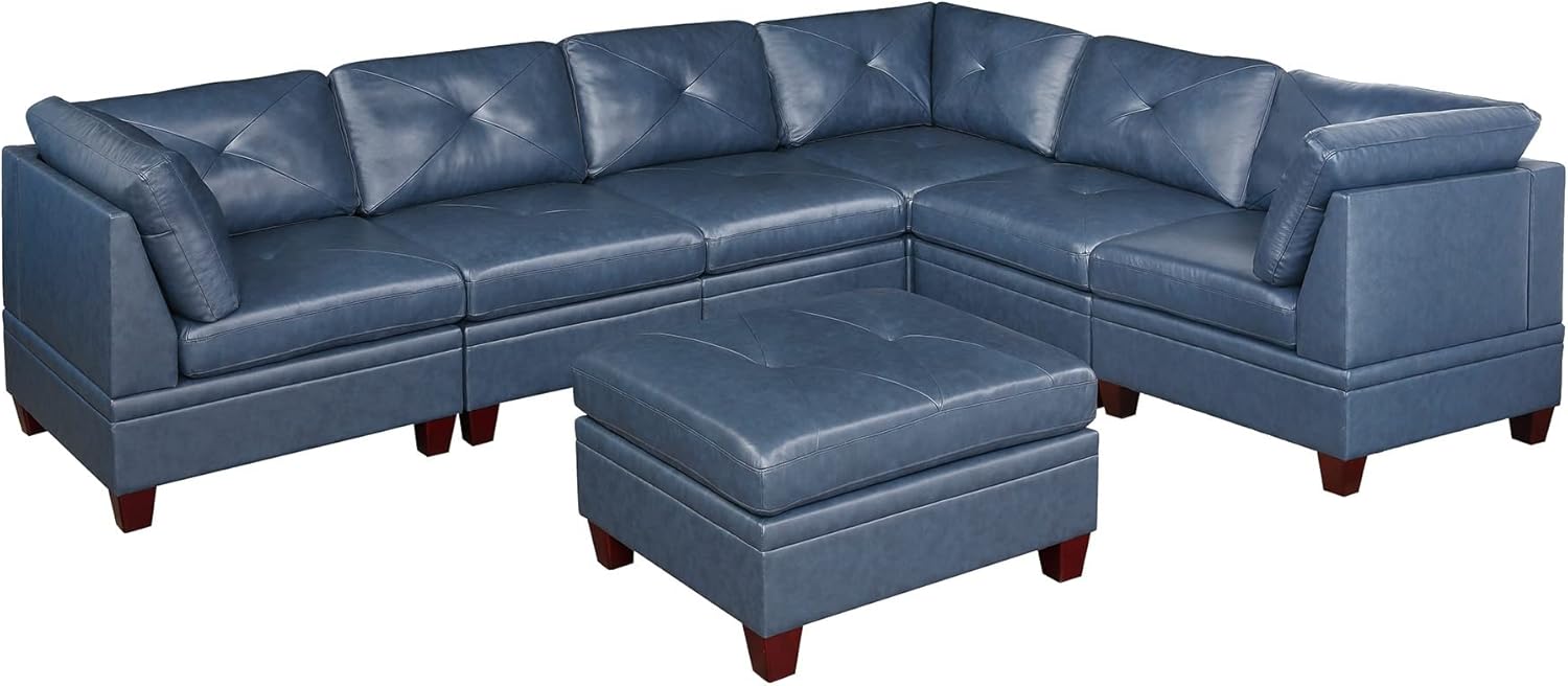 CHARMMA Genuine Leather Ink Blue Tufted 6pc Sectional Set 3X Corner Wedge 3X Armless Chair Sofa Couch,635