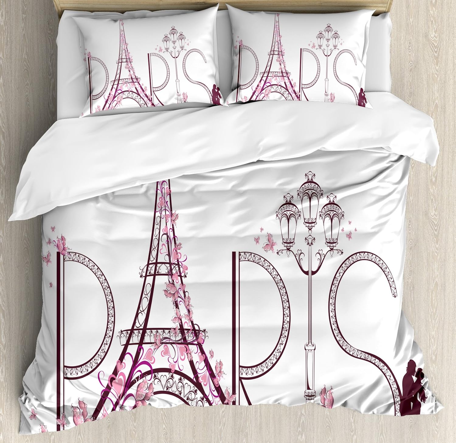 Ambesonne Paris Duvet Cover Set, Tower Eiffel with Paris Lettering Couple Trip Flowers Floral Design Print, Decorative 3 Piece Bedding Set with 2 Pillow Shams, Queen Size, Pink Plum