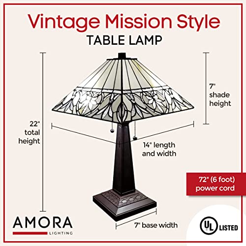 Amora Vintage Tiffany Table Lamp - Geometric Floral Table Night Light - White Glass Nightstand Lamp - 22” Tall Stained Glass Lamp