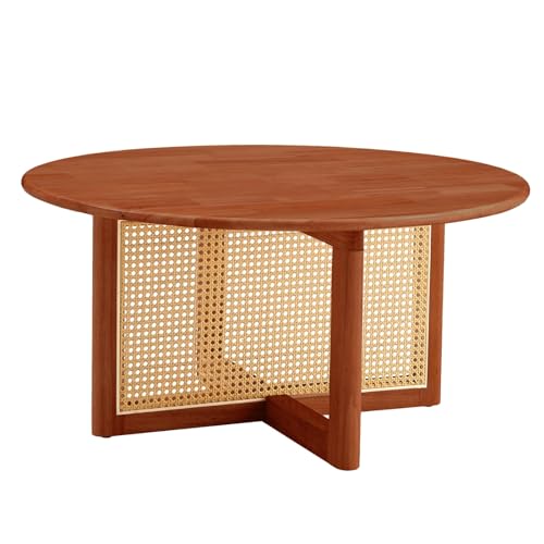 Rattan Coffee Table,Round Rattan Coffee Table,Natural Coffee Table,Boho Solid Wood Coffee Table for Living Room, Bedroom, Office, Apartment (Deep Red)