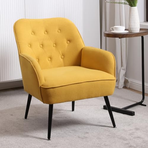 Accent Chair, Mid-Century Modern Upholstered Button-Tufted Single Reading Armchair with Linen Fabric + Solid Iron Frame, Sofa Chair for Living Room, Bedroom, Lounge, Balcony (Turquoise)