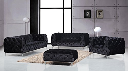 Meridian Furniture Mercer Collection Modern | Contemporary Velvet Upholstered Ottoman with Deep Button Tufting, and Custom Chrome Legs, Black, 40