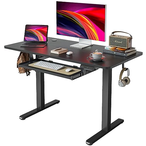 Cubiker Electric Standing Desk, 48 x 24 Inches Height Adjustable with Keyboard Tray, Ergonomic Workstation for Home Office, White Frame/Light Rustic Brown Top