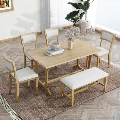 Farmhouse 6-Piece Trestle Dining Table Set, Wooden Rectangular Kitchen Table Set with 4 Upholstered Dining Chairs and Bench Rustic Style Dining Room Table Set for Living Room, Apartment, White