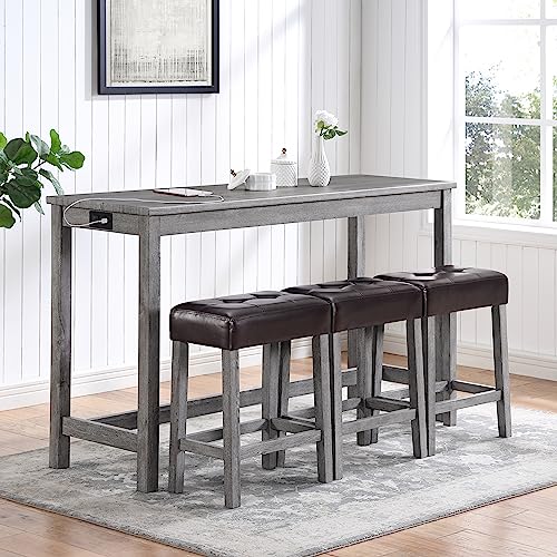 4 Piece Bar Table Set, Solid Wood Counter Height Dining Table Set with Power Outlet and 3 Upholstered Stools, Industrial Breakfast Table Set for Living Room, Dining Room, Brown+Grey