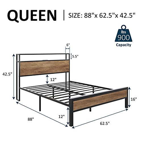 AMERLIFE Full Size Bed Frame Industrial Platform Bed with Charging Station, 2-Tier Storage Headboard/No Box Spring Needed/Noise-Free/Rustic Grey