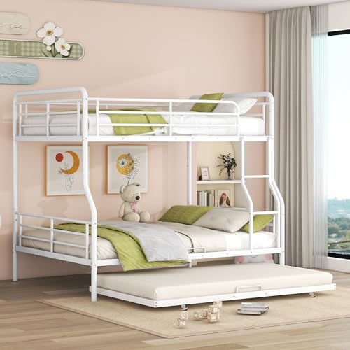 Full XL Over Queen Metal Bunk Bed with 2 Storage Drawers, 2 Beds in 1 Bed Frame with Guardrail and Ladder, No Spring Box Required, White