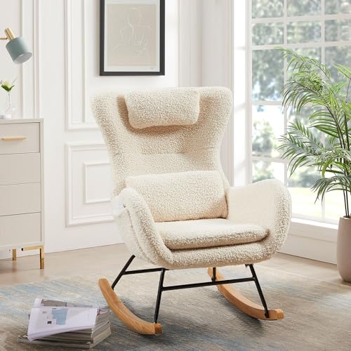 Rocking Chair Nursery, Upholstered Glider Rocking Chair with Adjustable Headrest & Pocket, Comfy Glider Chair with Lumbar Pillow & High Backrest, Padded Seat Rocking Accent Chair for Living Room, Pink