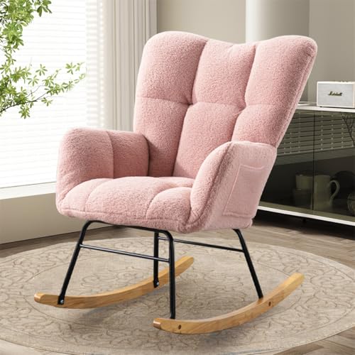 Teddy Fabric Rocking Chair, Upholstered Rocker Armchair with High Backrest, Modern Rocking Accent Chair for Bedroom Living Room (Green)