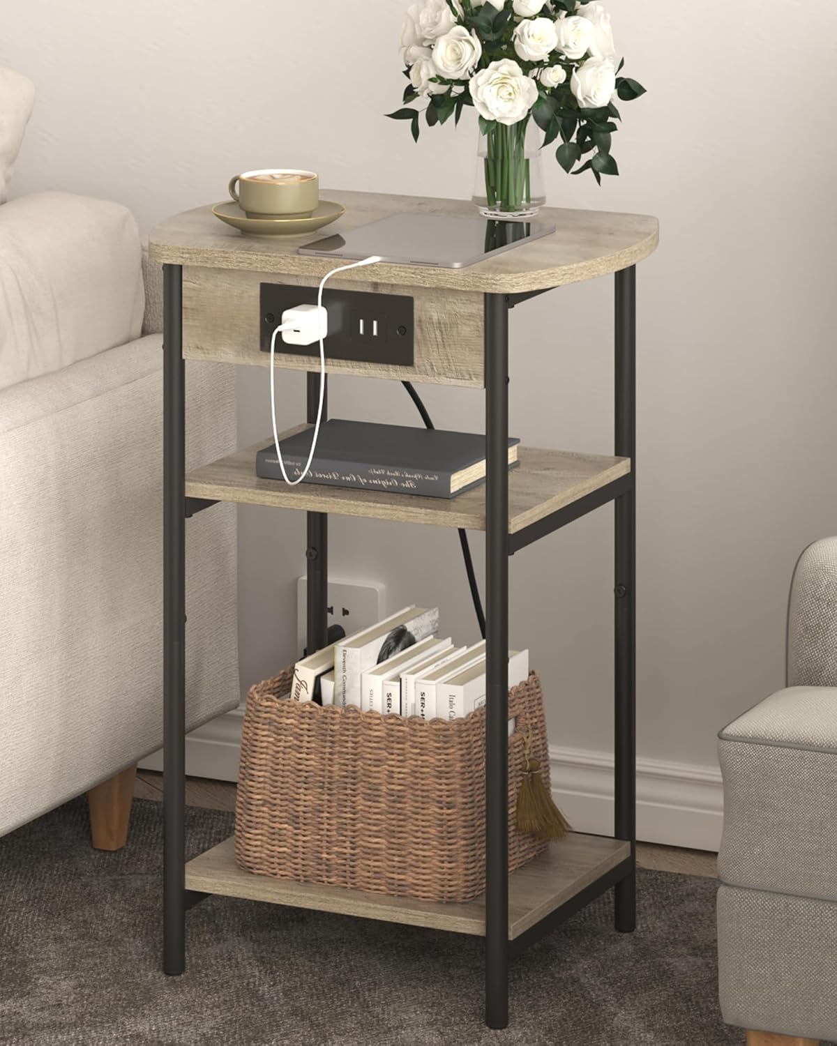 End Table with Charging Station ET05205B, Printer Stand with Charging Station