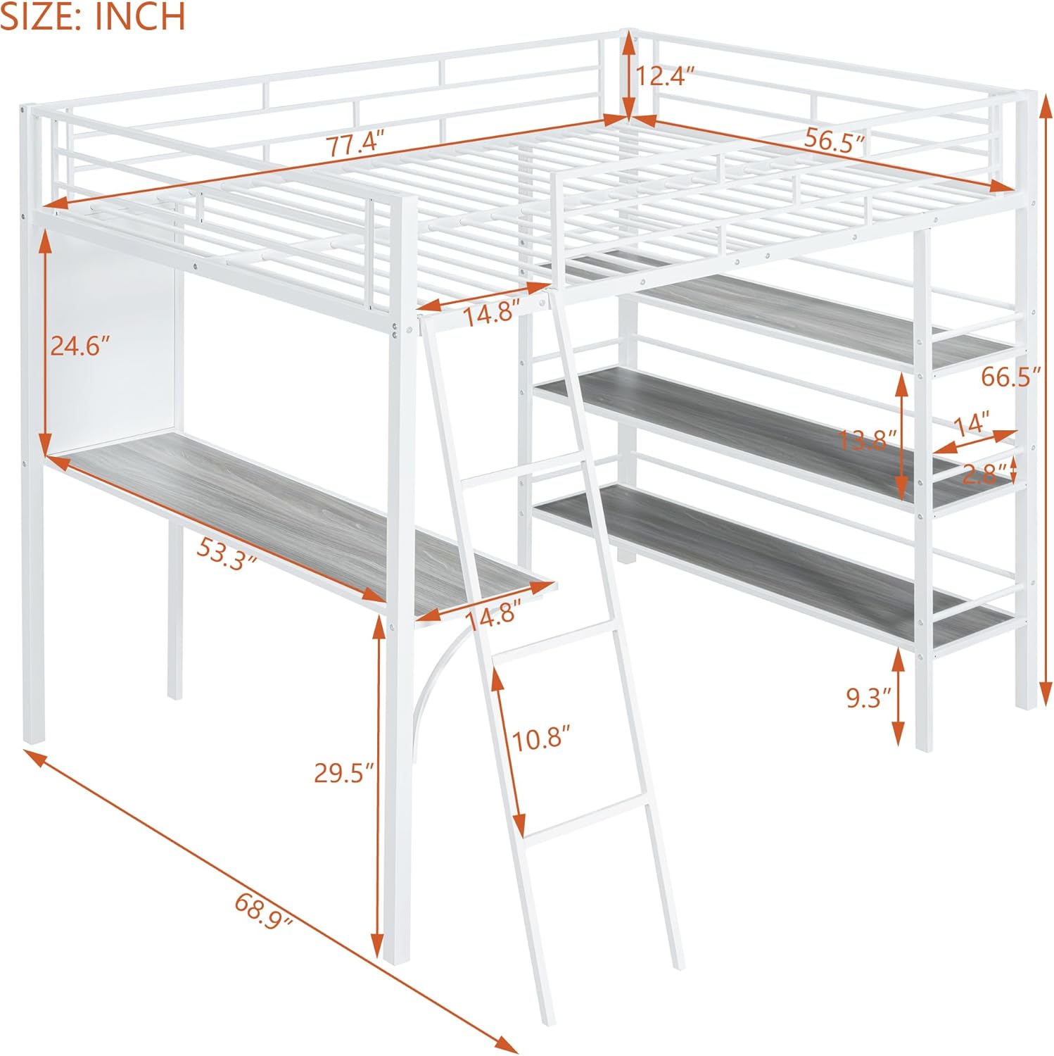 Loft Bed Full Size with Desk, Whiteboard and 3-Tier Open Shelves, Modern Metal Bedframe w/Guardrails & Ladder for Kids Teens Adults, No Box Spring Needed Mattress Foundation