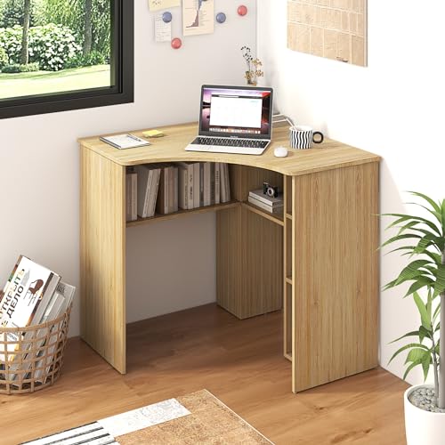 Tangkula Corner Desk with Storage Shelves, Space-saving Triangle Study Writing Desk with Adjustable Shelves, Corner Makeup Vanity Desk for Bedroom, Corner Desk for Small Space (Natural)
