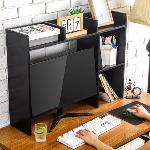 Dorm Desk Bookshelf Dorm Desk Hutch Desk Hutch Organizer with 5 Shelves and 3 Tier Desktop Hutch Storage Organizer for College Dorm Home Office Supply, 32.5 x 23.5 x 8 Inch(Black)