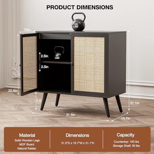 IKIFLY Black Rattan Sideboard Buffet Cabinet with 2 Handmade Natural Rattan Doors, Accent Storage Cabinet for Living Room, Hallway, Entryway, Kitchen