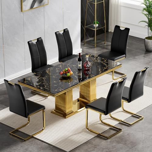 HomVent 70.08'' Faux Marble Dining Table Set for 8, Faux Marble Dining Table & Chair Sets, Modern Rectangle Faux Marble Table Top & Stainless Steel Base (White, 1 Table with 8 Grey Gold Chairs)