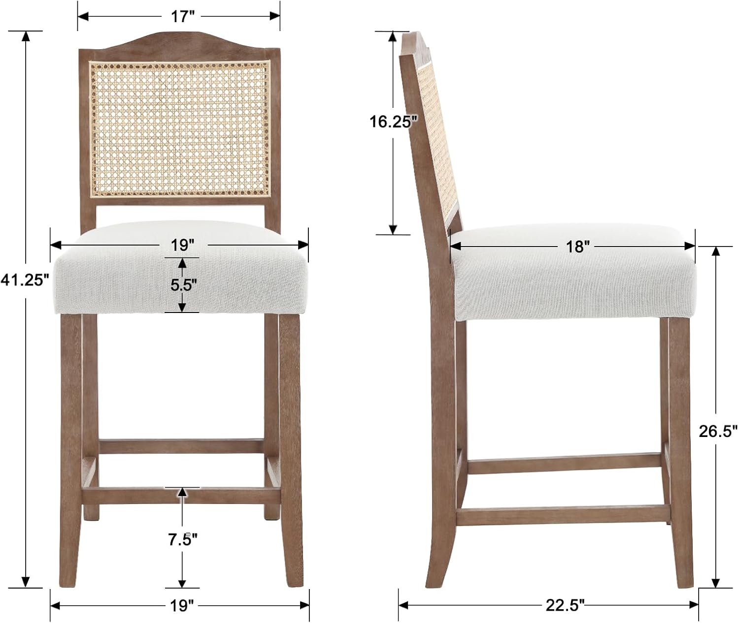 CIMOTA Counter Height Bar Stools Set of 2 Rattan Farmhouse Barstools Mid Century Modern Bar Chairs Upholstered Kitchen Stools with Wood Legs for Island/Dining Room, Linen Beige 26.5In