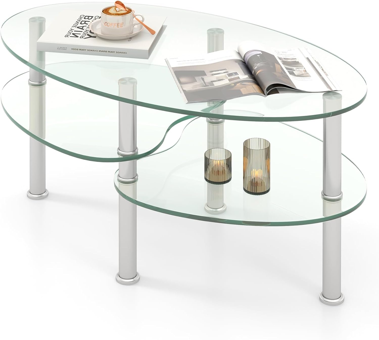 Glass Coffee Table, 3-Tier Oval Smooth Glass Tea Table, End Side Table w/Tempered Glass Boards & Sturdy Chrome Plated Legs, Transparent Center Table, Modern Furniture Decor for Home Office