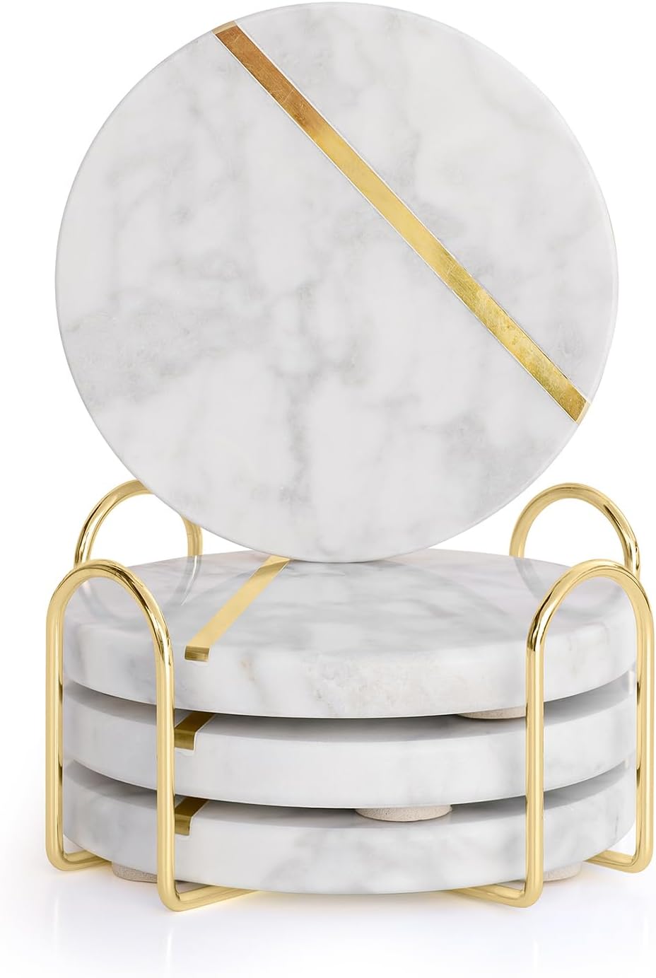 Natural White Polished Marble Coasters with Brass Inlay - includes Gold Colored Metal Stand/Holder - Non Slip Felt Padded - Sealed and Stain Resistant, Non Absorbent (Set of 4)
