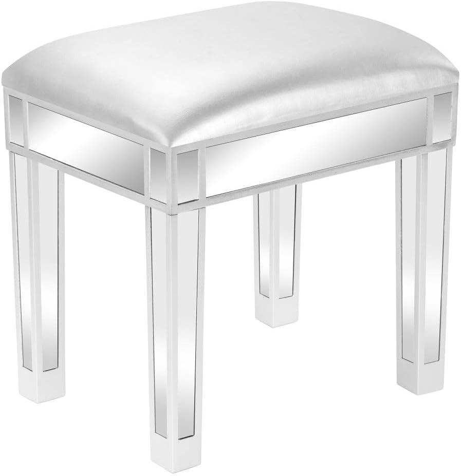 Contemporary Mirrored Vanity Stool - Soft Cushioned for Modern Home Decor Silver Gray Finish Adds Glamour to Any Space