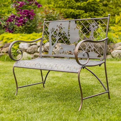 Classic Iron Garden Bench with Nature Scenery (Blooming Tree Backrest in Green)