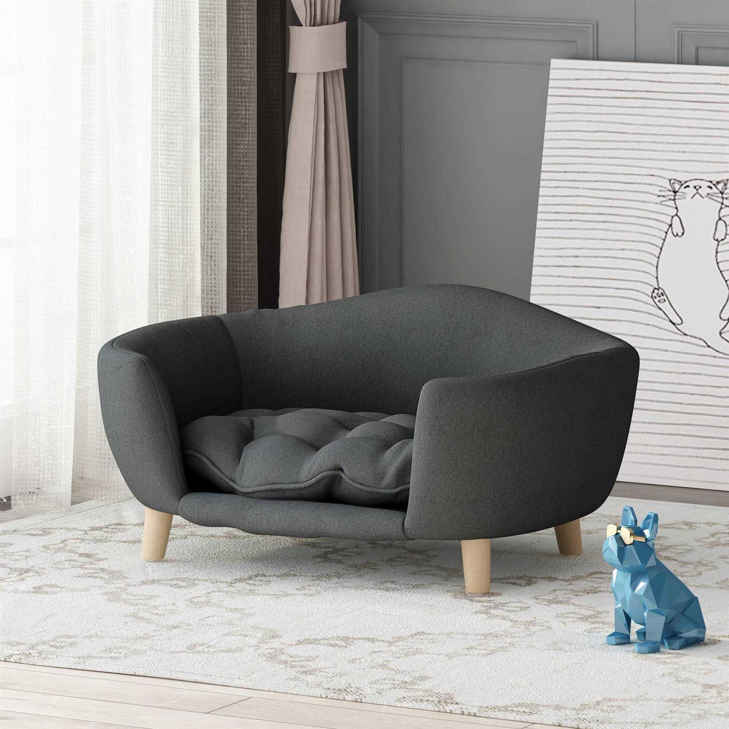 Noble House Ferncliffe Mid Century Small Plush Pet Bed, Dark Gray and Natural Finish - Pet Supplies online store